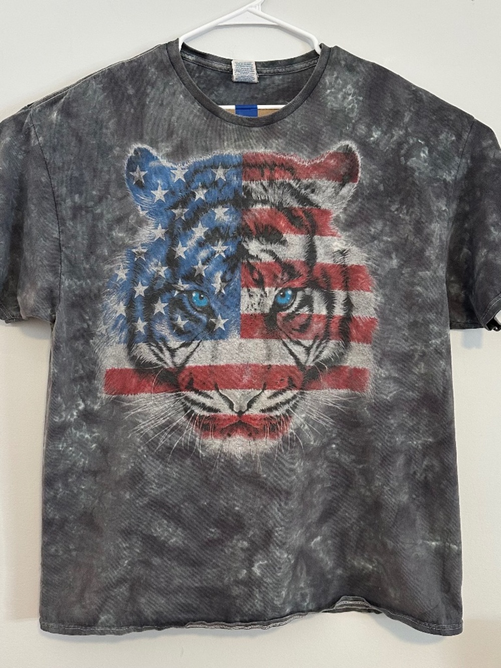 Men's American Flag Tiger Print T-Shirt 2XL Gray Tie Dye Y2K Short Sleeve